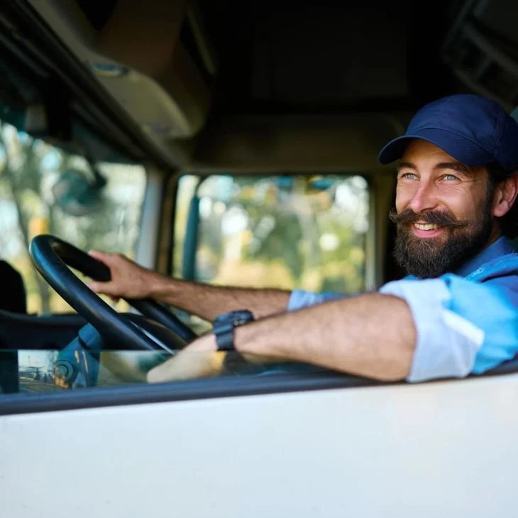 A man with a beard and mustache wearing a blue cap and blue shirt, smiling while sitting in the driver's seat of a vehicle, with his arm resting on the door frame. Outdoors with trees visible through the windows.