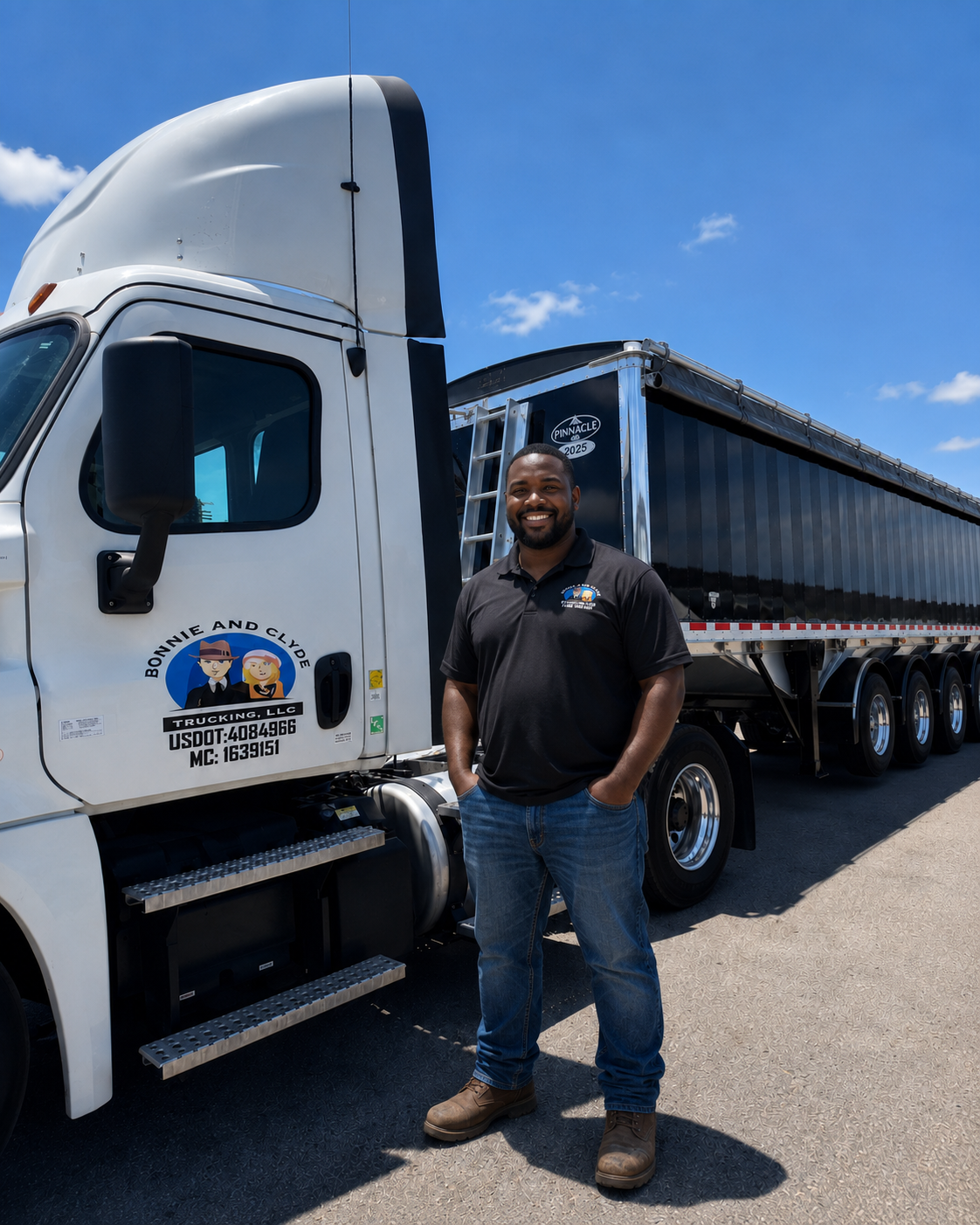 A smiling man in black polo shirt and jeans standing beside a semi-truck with a white cab and black trailer, under a blue sky with some clouds.