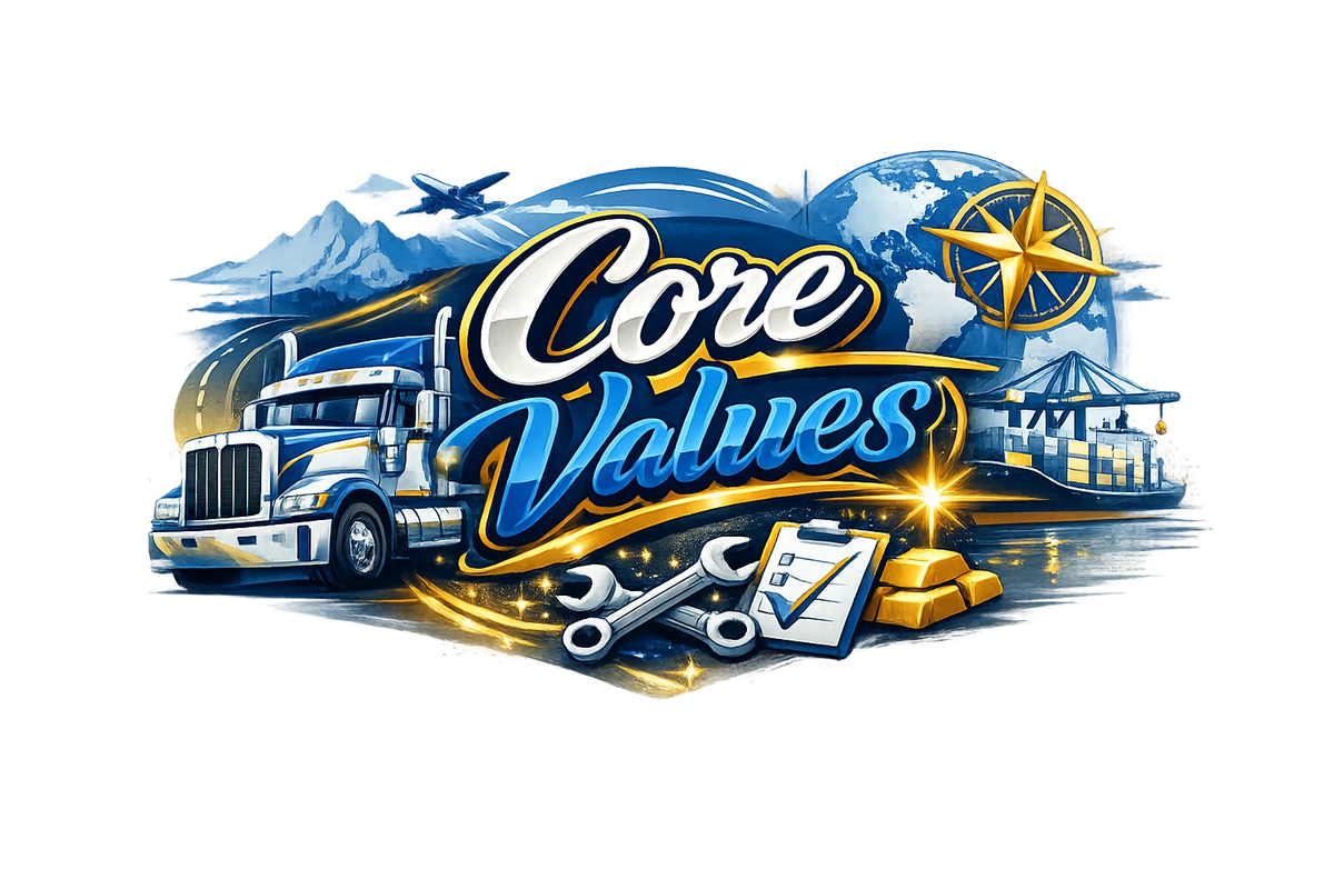 Graphic with a large truck, globe, shipping container, tools, and the words "Core Values" in bold letters.
