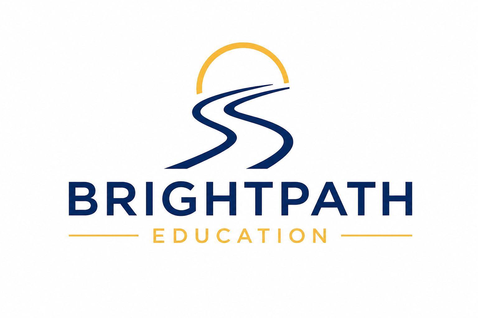 Logo for BrightPath Education featuring a stylized road leading towards a yellow semi-circular sunrise, with the word 'BRIGHTPATH' in large blue capital letters and 'EDUCATION' in smaller yellow capital letters underneath.