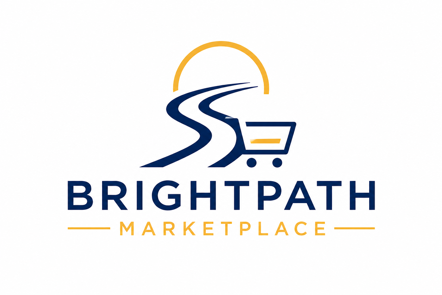 Logo for BrightPath Marketplace featuring a stylized road leading to a sun, with a shopping cart and the text 'BRIGHTPATH MARKETPLACE' in blue and yellow.