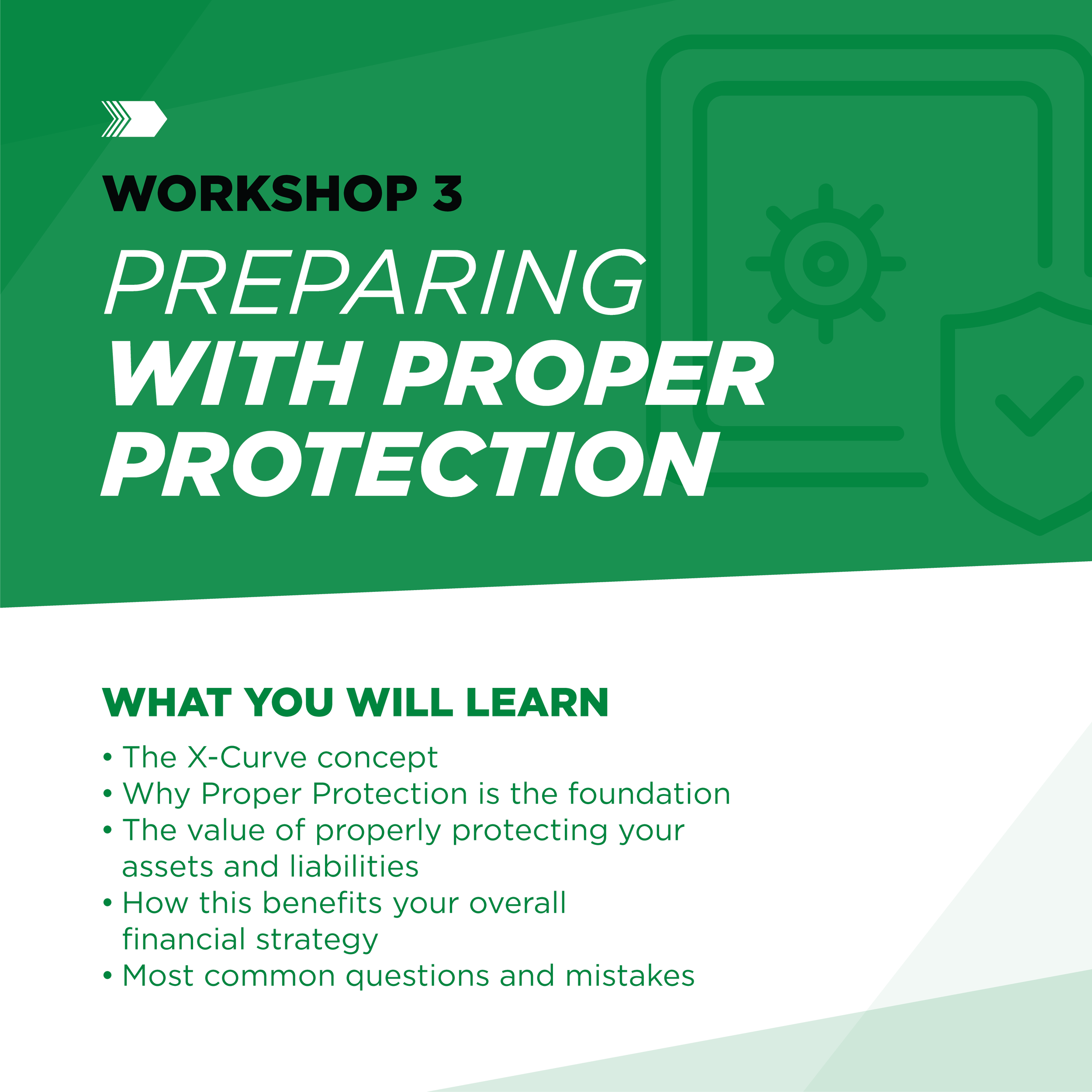 Presentation slide titled 'Workshop 3: Preparing with Proper Protection'; green background with white and black text.