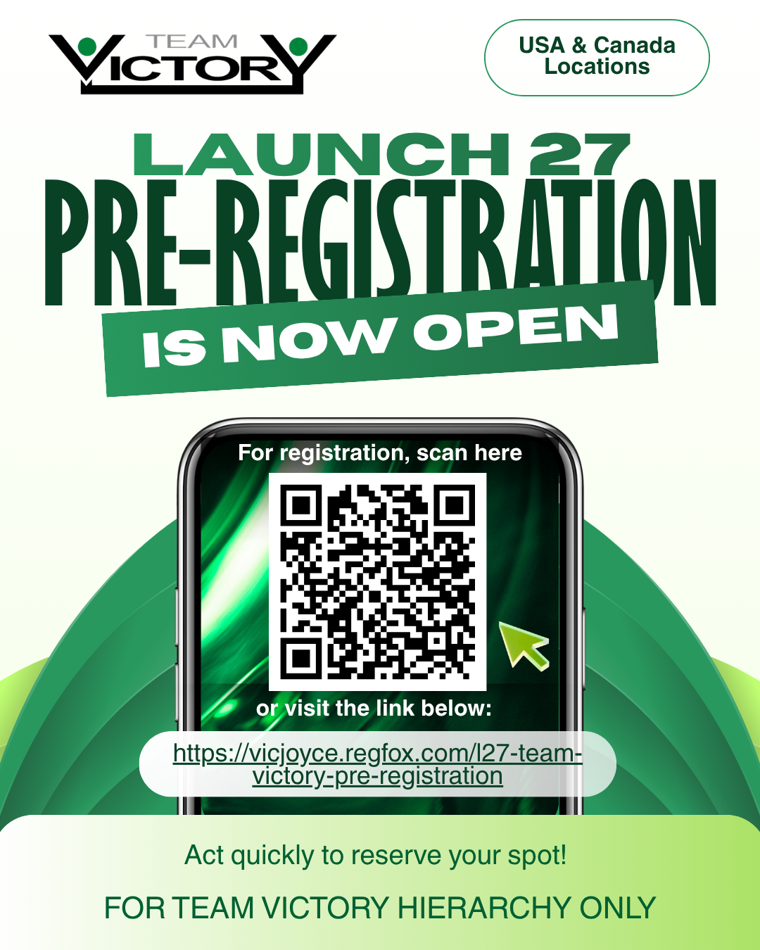 Pre-registration launch announcement for Team Victory with a QR code and registration link, emphasizing it's only for team victory hierarchy.
