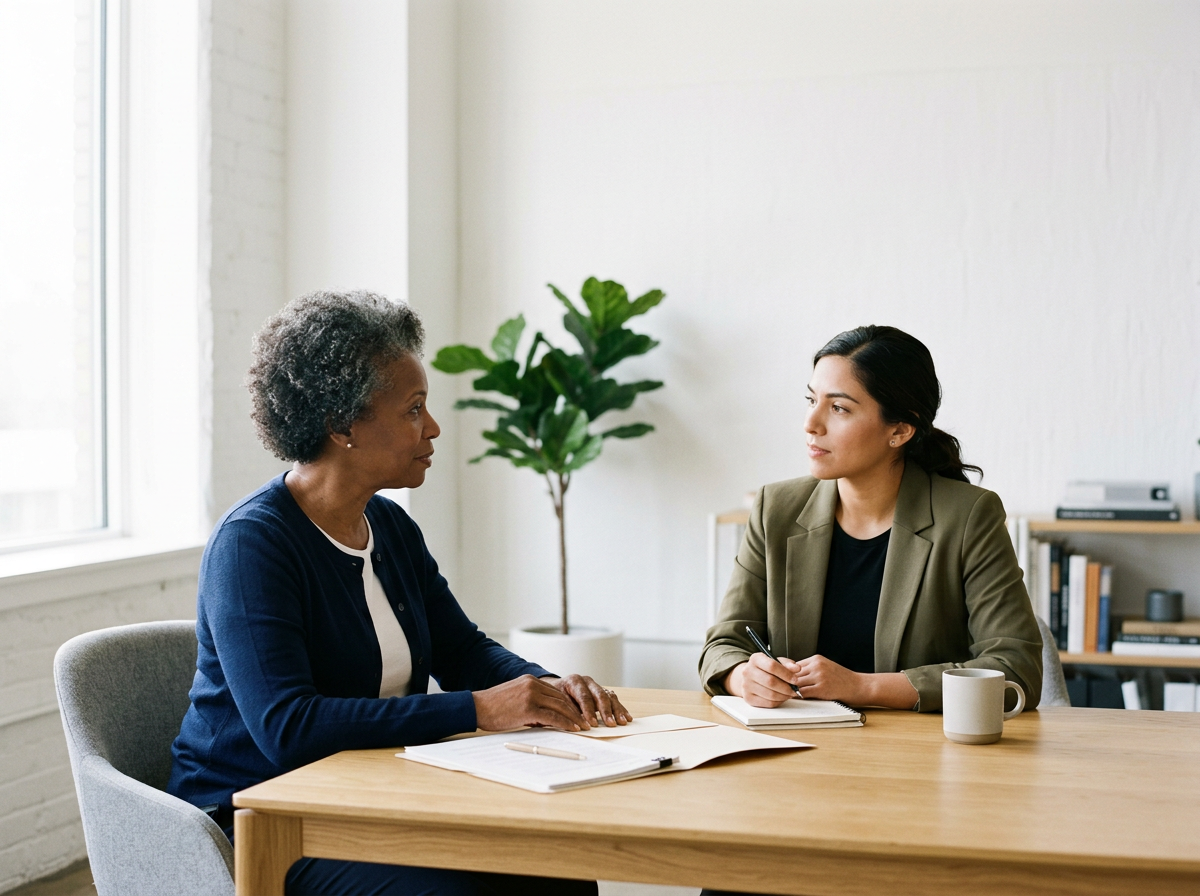 Two women are sitting at a wooden table in a bright room, having a conversation. One woman, with short curly gray hair, is wearing a navy cardigan over a white shirt. The other woman, with long dark hair, is wearing a green blazer over a black shirt and is holding a pen. There are notebooks, a pen, and a mug on the table, with a bookshelf and plant in the background.