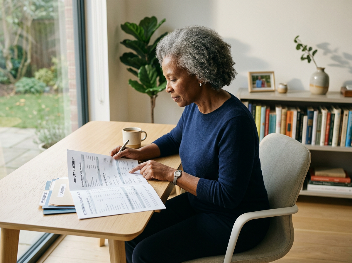 An elderly woman with gray hair, wearing a navy blue sweater, sitting at a wooden table and reviewing financial documents. She has a pen in hand and a cup of coffee nearby. Behind her is a bookshelf with books and decorative items, and a large window with a view of a garden.