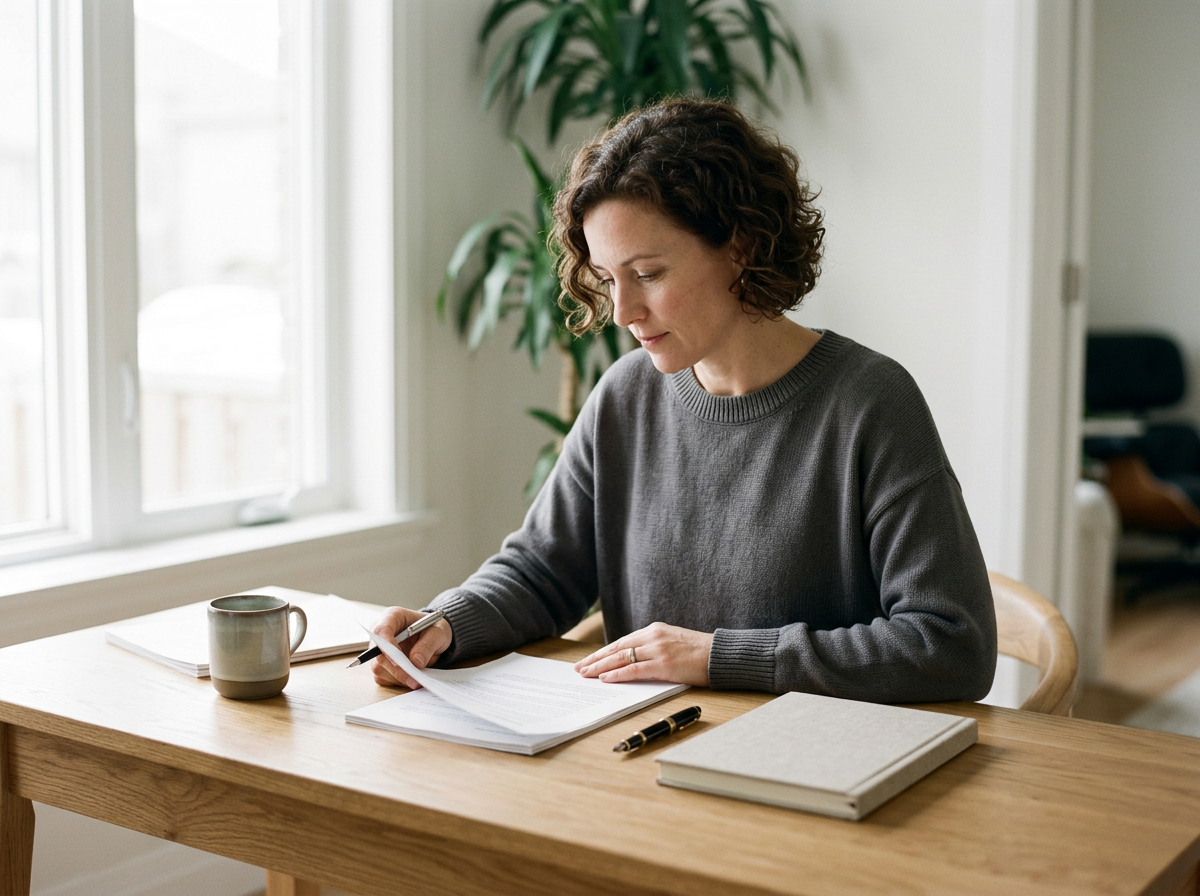 A woman with curly brown hair reading a document at a wooden table in a bright room with large windows and a potted plant in the background. There is a coffee mug, a closed notebook, and a pen on the table.