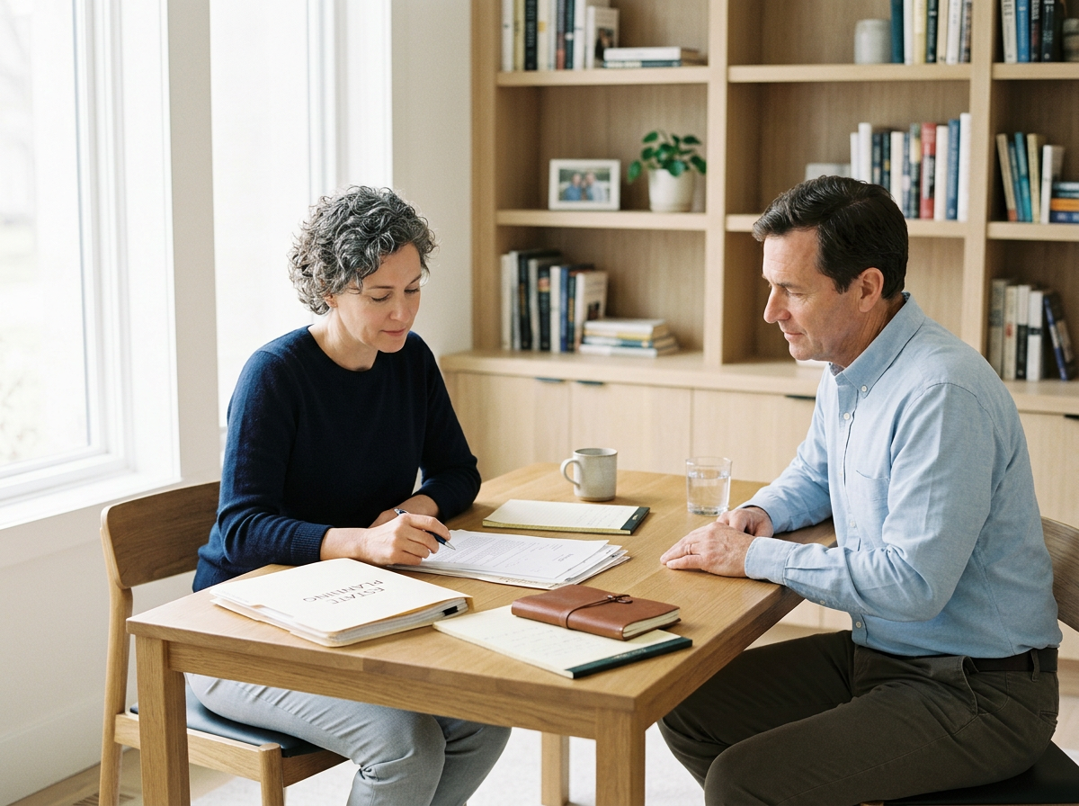 A man and a woman are sitting at a wooden table in a well-lit room, having a discussion or meeting. The woman has short curly gray hair and is writing in a notebook, while the man has dark hair and is listening attentively. On the table are notebooks, a glass of water, a mug, and papers. Behind them is a bookshelf filled with books and a framed photo.