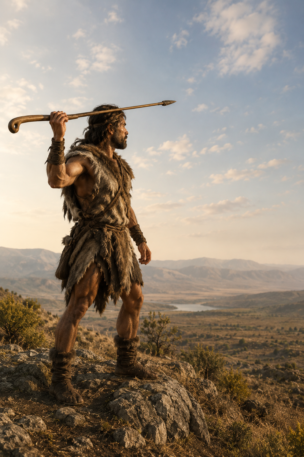 A man dressed as a prehistoric hunter, wearing animal fur and leather, standing on rocks with an atlatl, overlooking a vast landscape with mountains and a river in the distance during sunset.