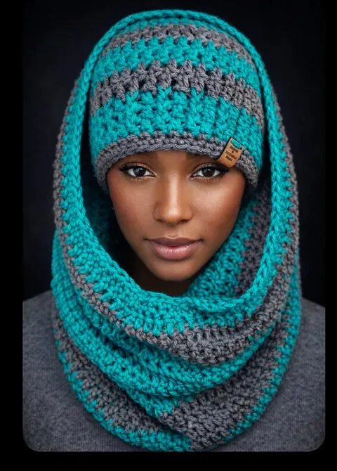 Handmade crochet hat and matching scarf in turquoise and gray stripes worn by a model.