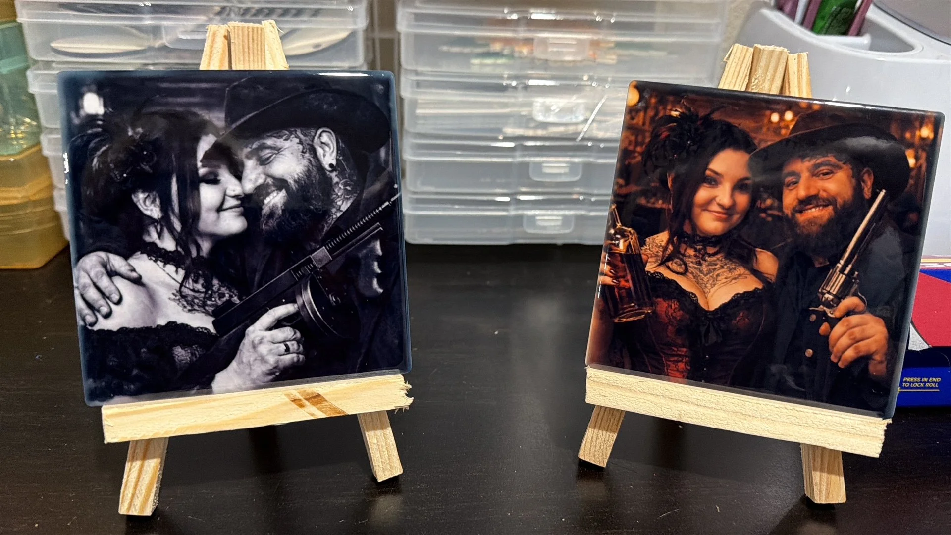 Handmade decorative photo tiles displayed on easels.