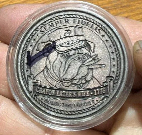 Custom Marine Corps challenge coin featuring bulldog mascot, “Crayon Eaters Unite” design, and humorous military engraving.