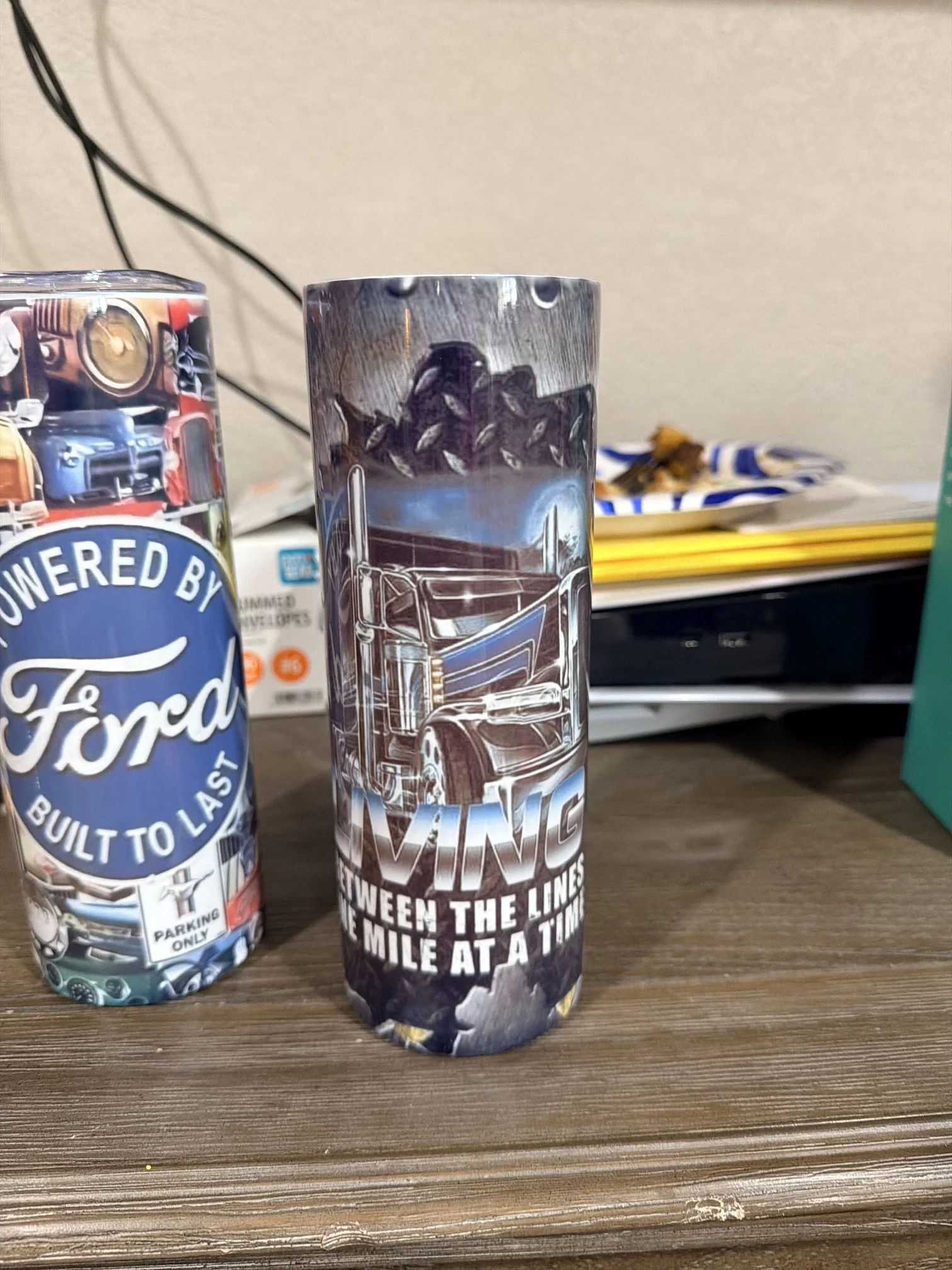 Custom automotive‑themed tumbler with Ford truck graphics and metallic design accents.