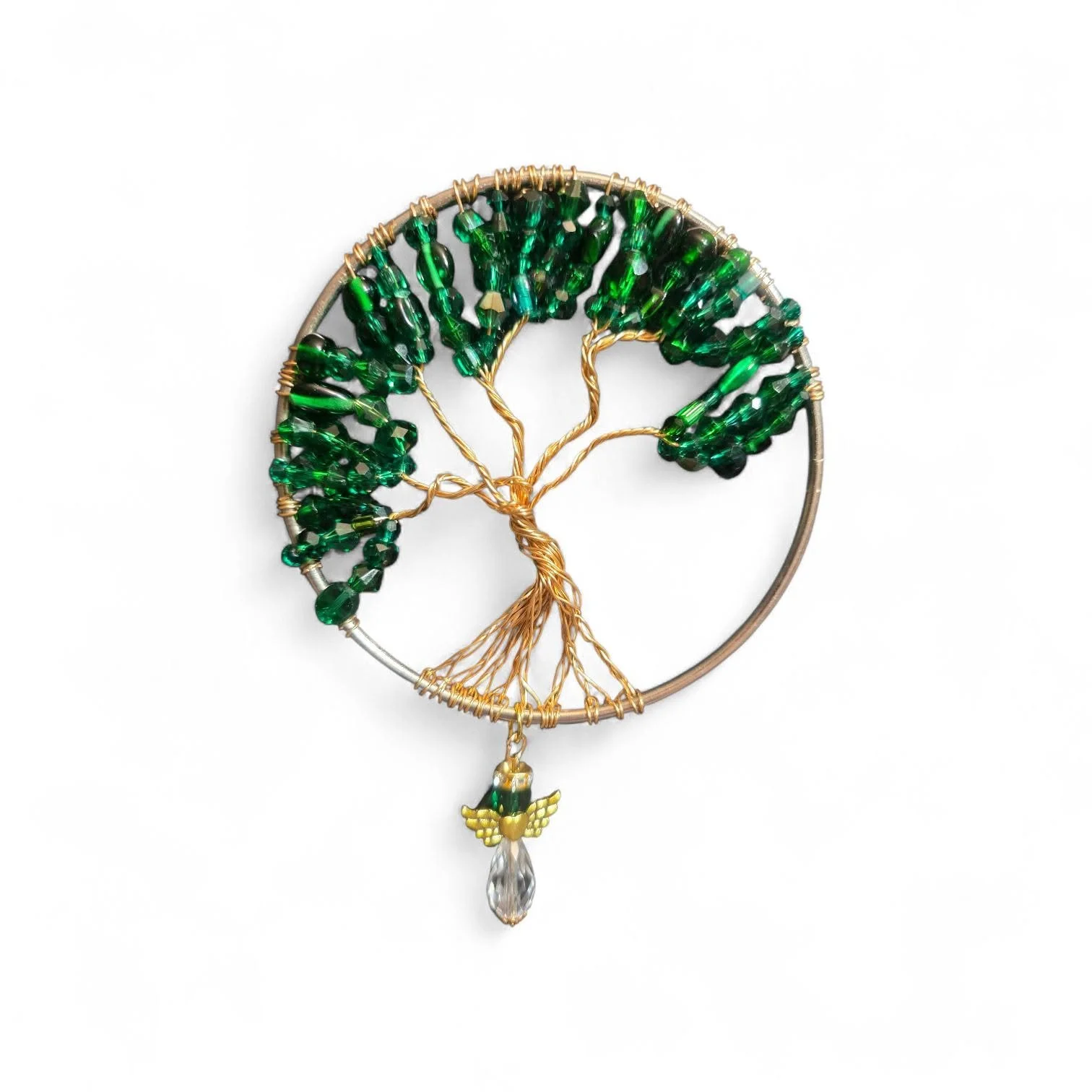 Handmade wire-wrapped Tree of Life pendant with green bead leaves and a small angel charm.