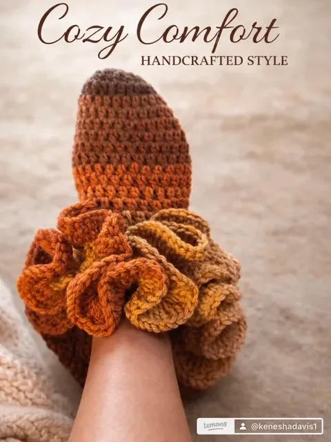 Handcrafted crochet slipper in warm autumn colors with a ruffled ankle design.