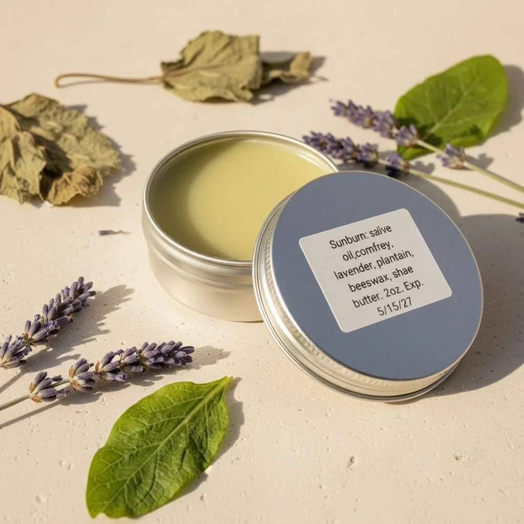 Small‑batch sunburn salve made with comfrey, lavender, plantain, beeswax, and shea butter.
