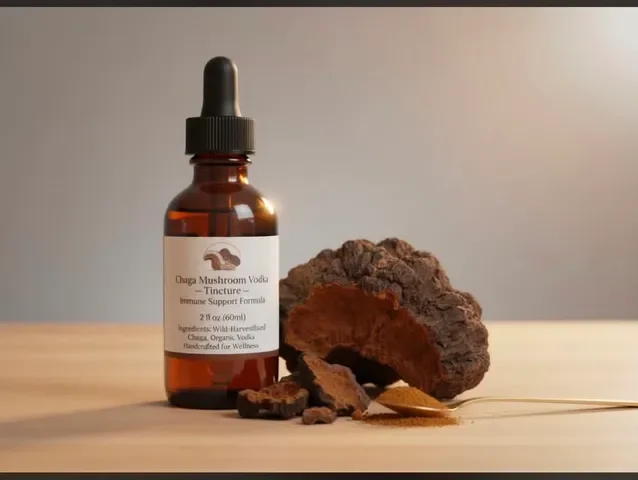 Chaga mushroom tincture bottle with dried chaga pieces and powder.
