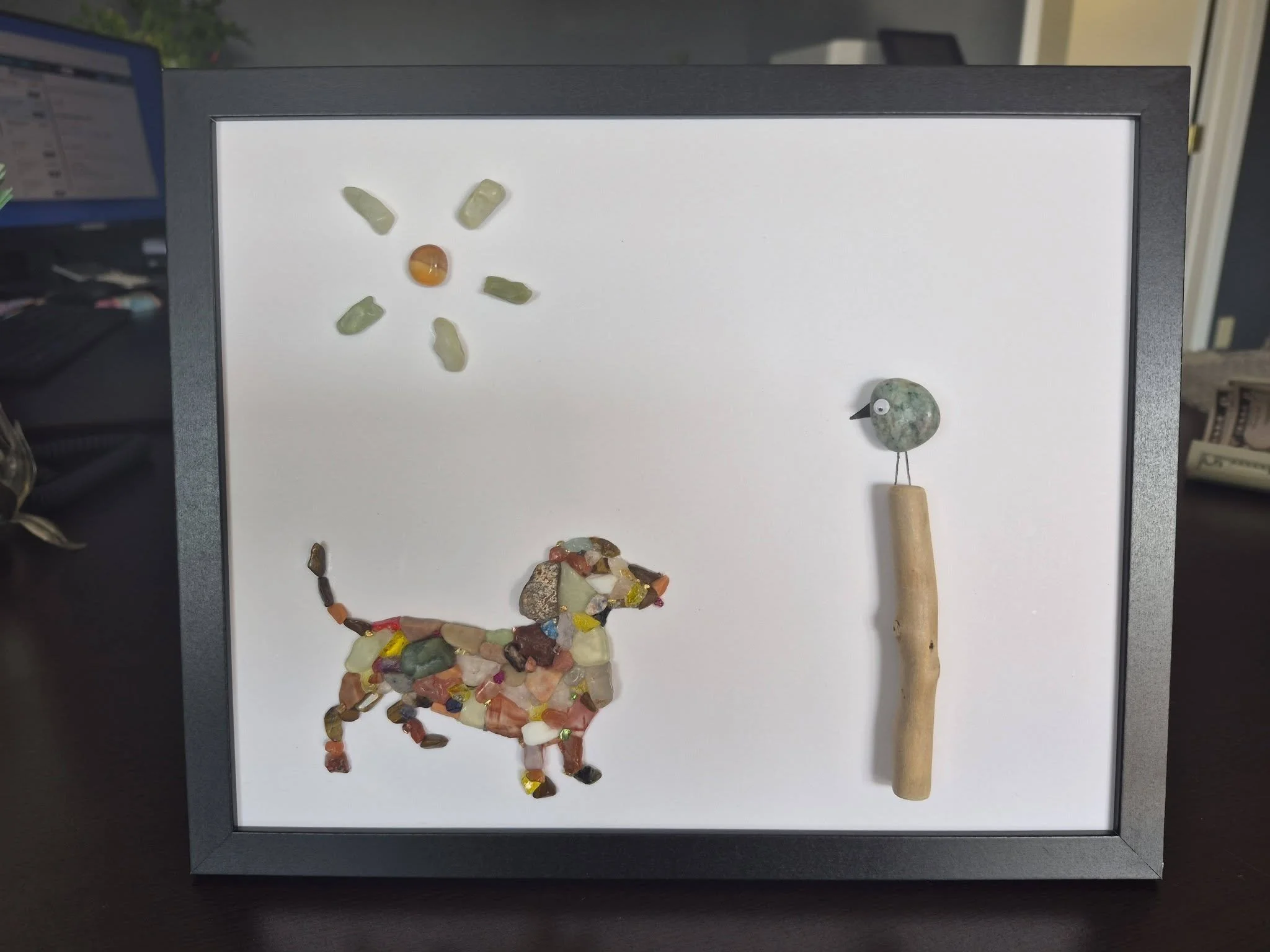 Handmade seaglass dog and bird art with sun