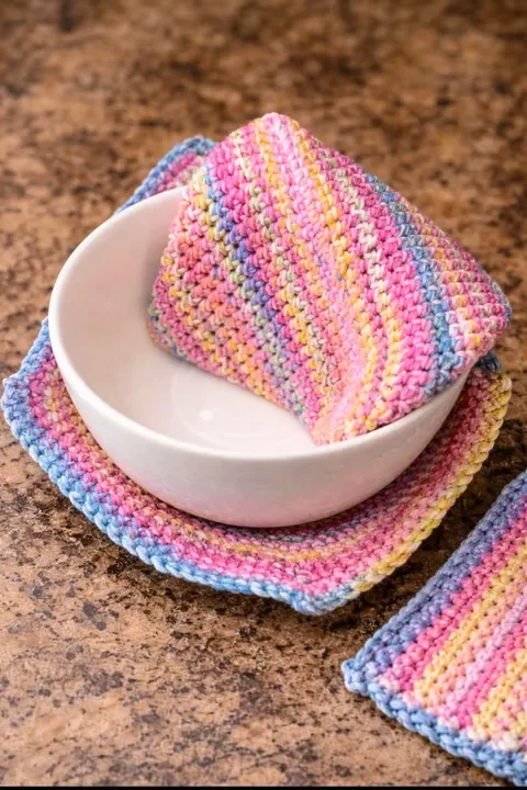 Pastel striped crocheted dishcloths arranged around a white ceramic bowl.