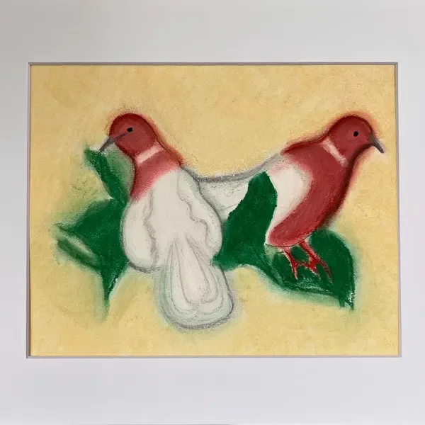 A pastel drawing of two red‑headed birds perched on green leaves against a soft yellow background, with smooth blended colors and gentle shading.