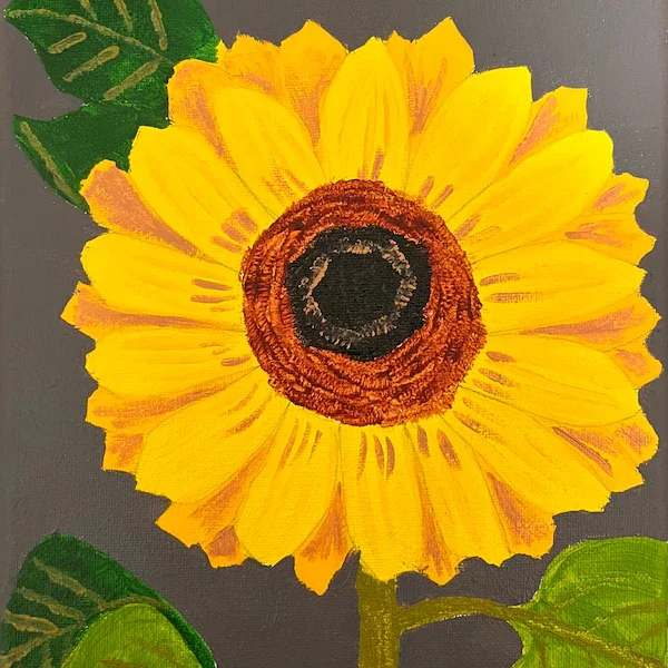 A hand‑painted sunflower with bright yellow petals, a dark textured center, and green veined leaves on a smooth gray background.