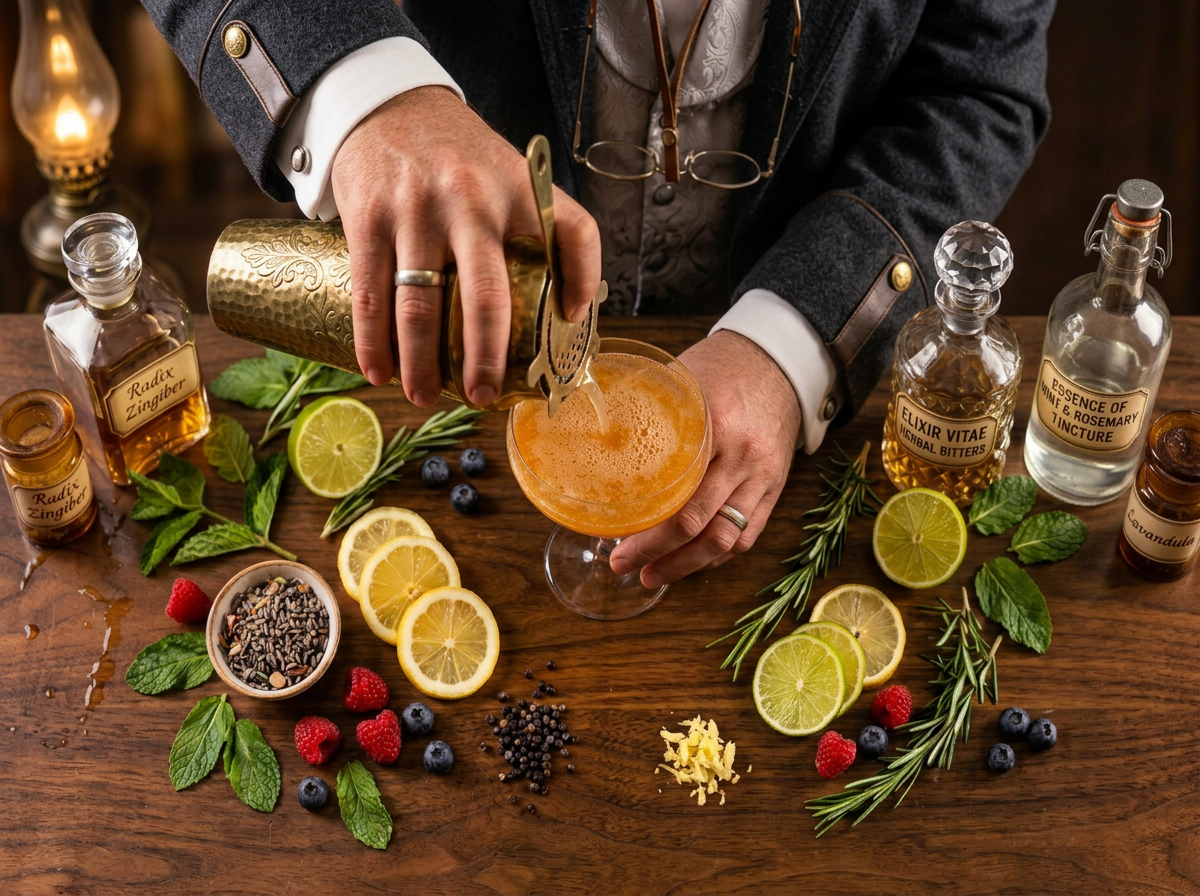 Bartender pouring a functional mocktail with fresh citrus and botanical elixirs at The Well Social Club