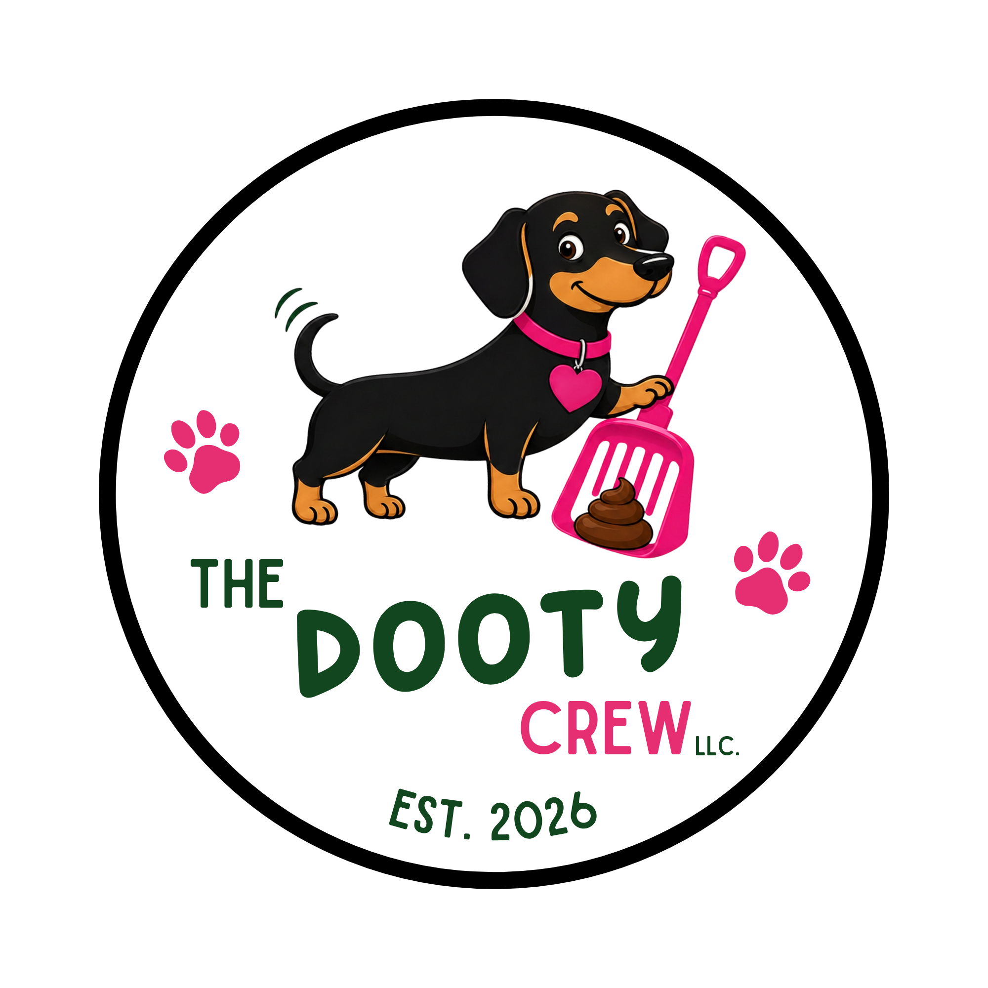 Cartoon illustration of a black dog with brown markings wearing a pink collar with a heart charm, holding a pink dustpan with dog feces, and standing in front of a colorful background.