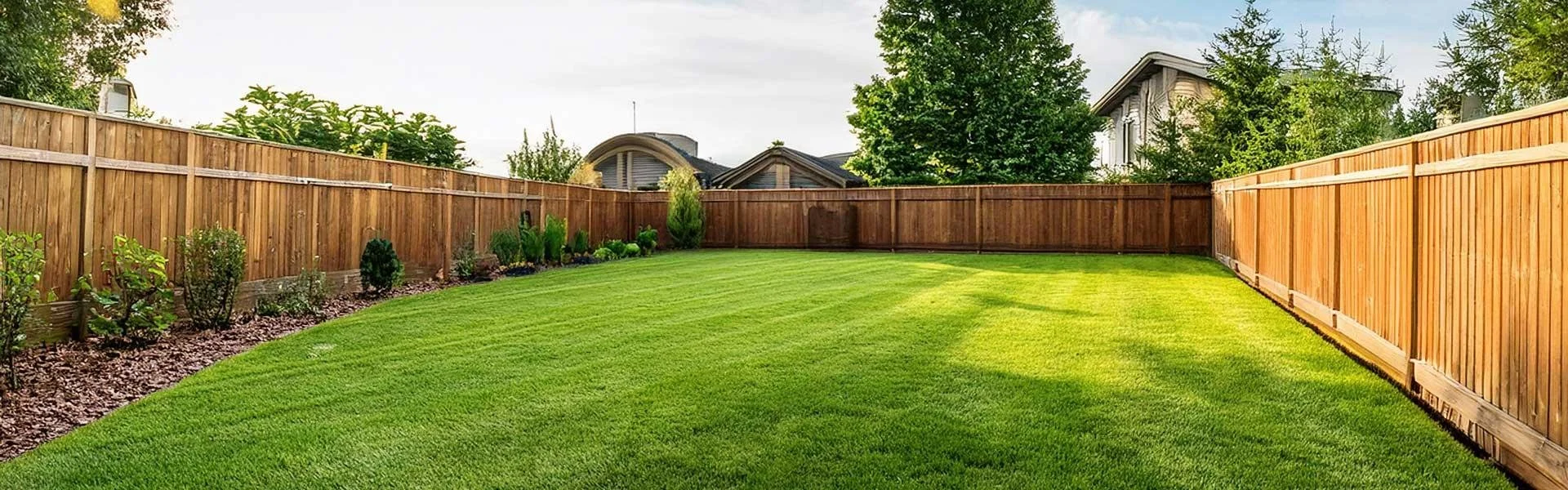A backyard with a well-maintained green lawn, surrounded by a wooden fence, with some bushes and small trees along the fence line.