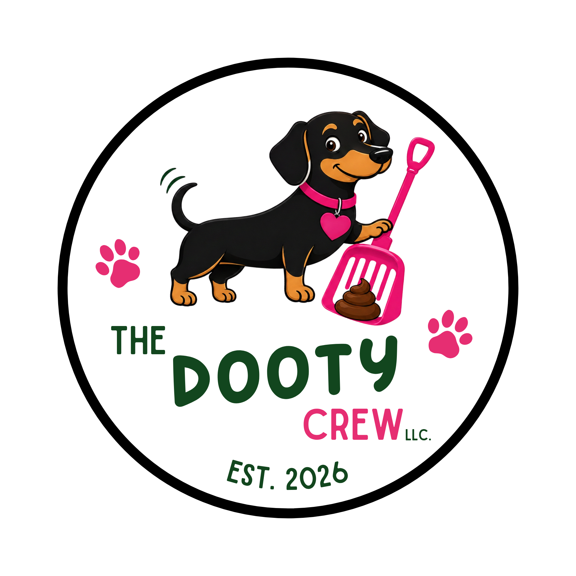 A cartoon illustration of a black and brown dachshund dog with a pink collar and a heart-shaped tag, holding a pink litter scoop with dog feces. The design is centered within a circular black outline, with pink paw prints on the left and right sides and text below.