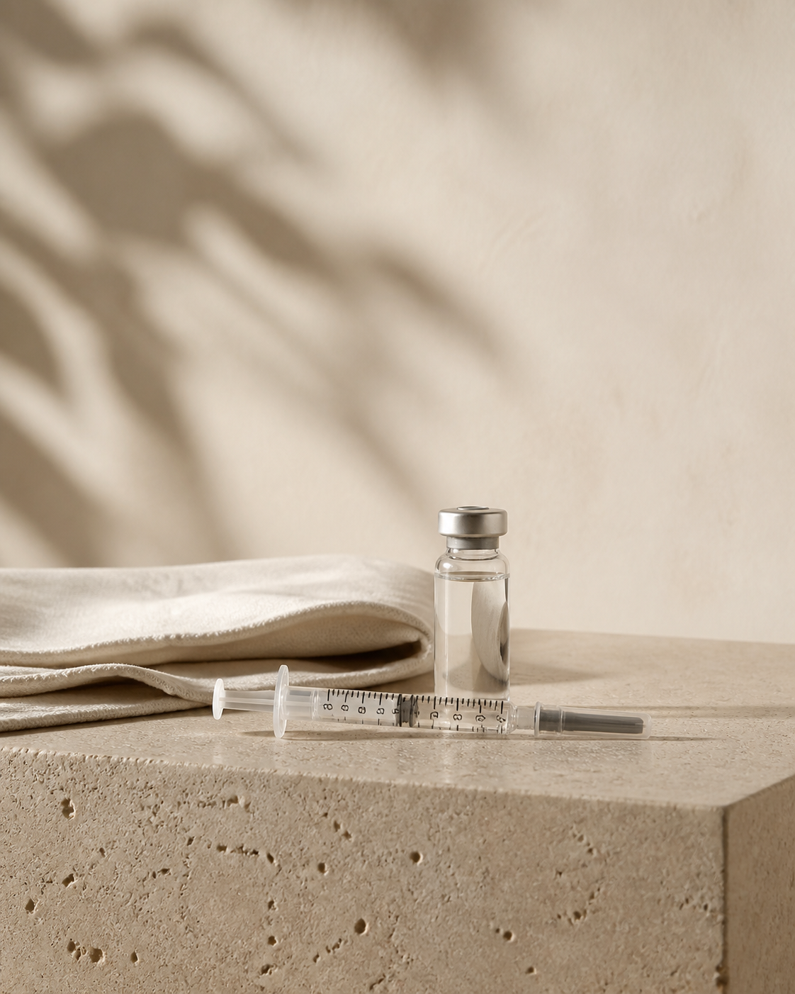 Luxury aesthetic injectable treatment still life with capped syringe and unbranded vial on warm travertine