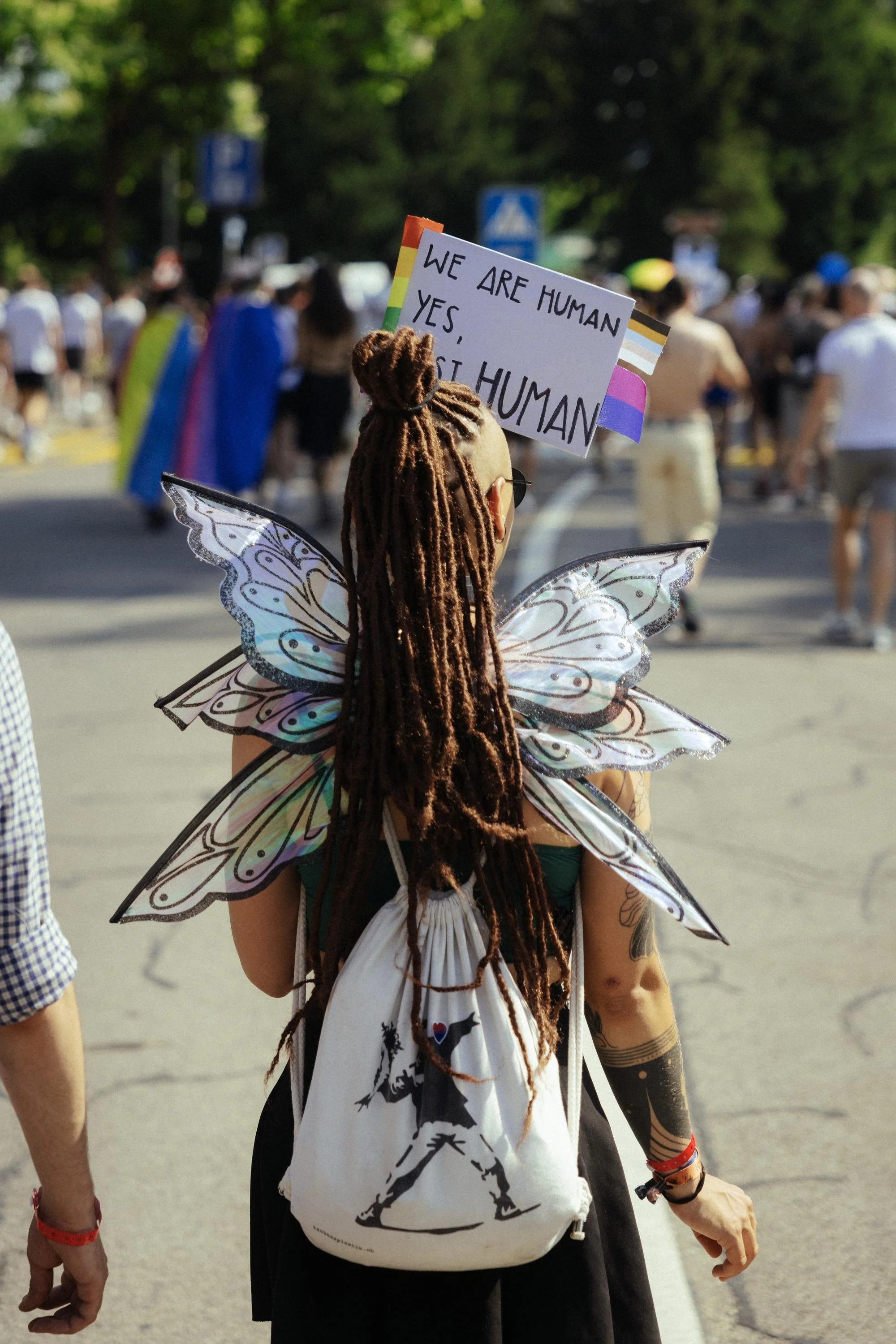 Person dressed as a fairy or fantasy character with rainbow butterfly wings, holding a sign that says 'We are human, yes, first human' during a gathering or protest outdoor event with many people in the background.