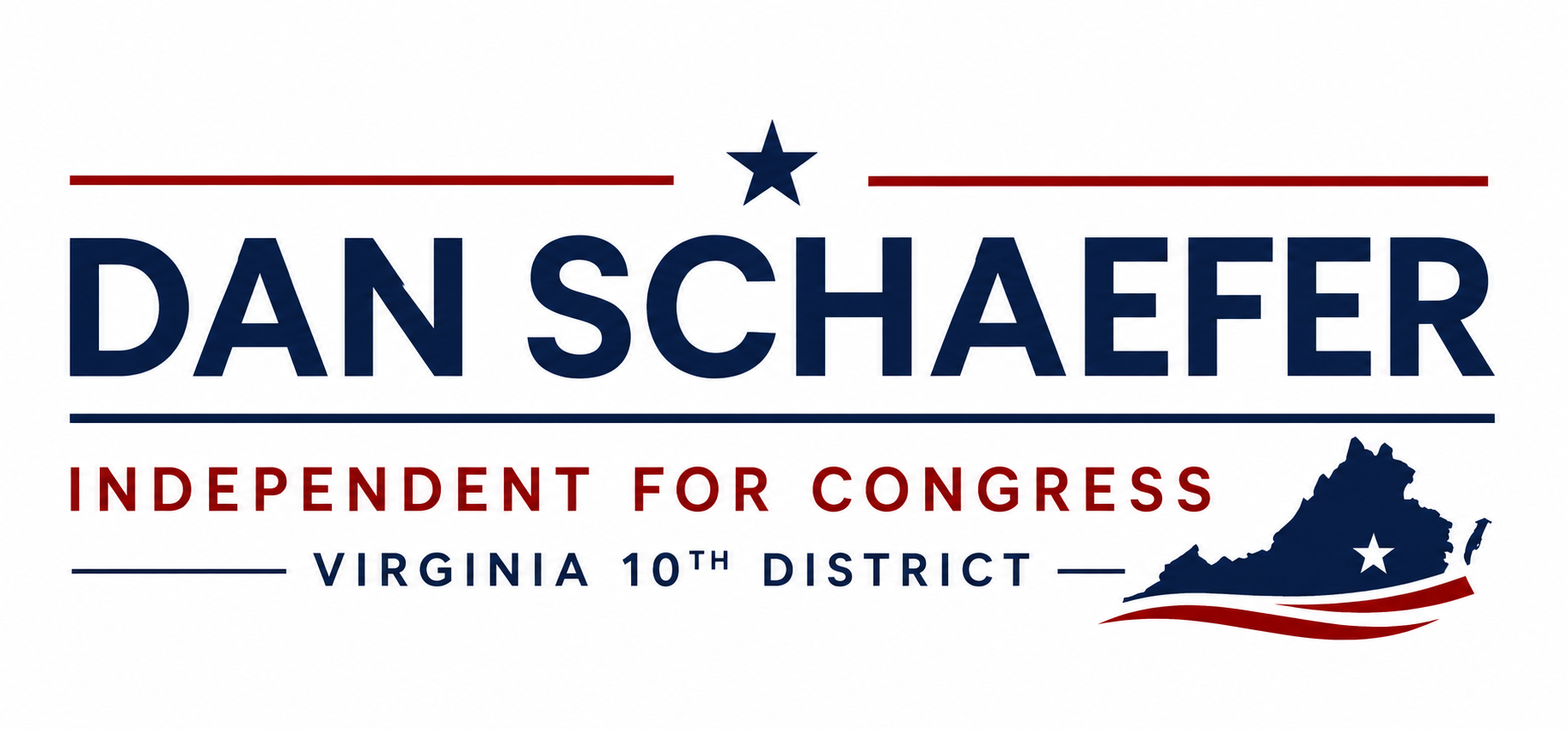 Campaign sign for Dan Schaefer, independent candidate for Congress in Virginia's 10th District. The sign features red, white, and blue colors, a star, and an outline of Virginia with a patriotic wave.