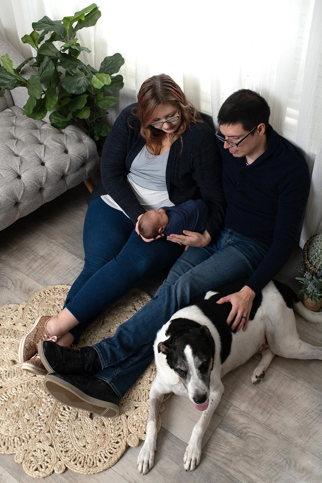 A family sitting on the floor in a cozy living room, with a mother breastfeeding a newborn baby, a father petting a large black and white dog, and a large green plant in the background.