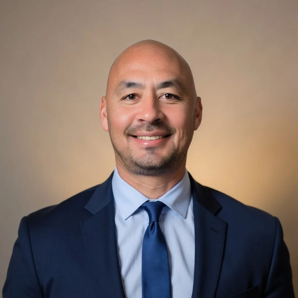 Headshot of a smiling bald man in a navy suit, light blue shirt, and blue tie, against a neutral background.