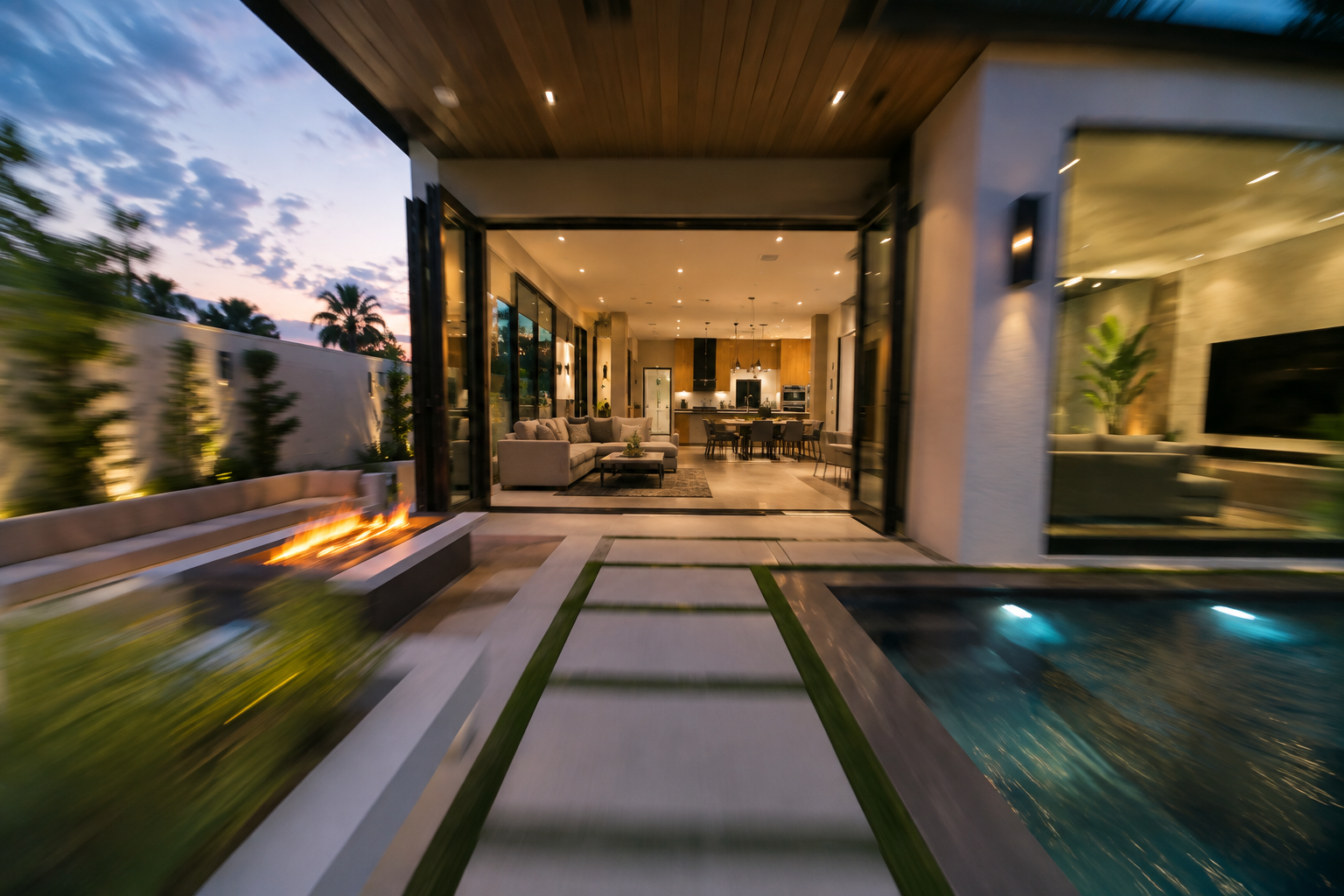 Modern house with open living space, outdoor fire feature, swimming pool, and landscaped yard at dusk
