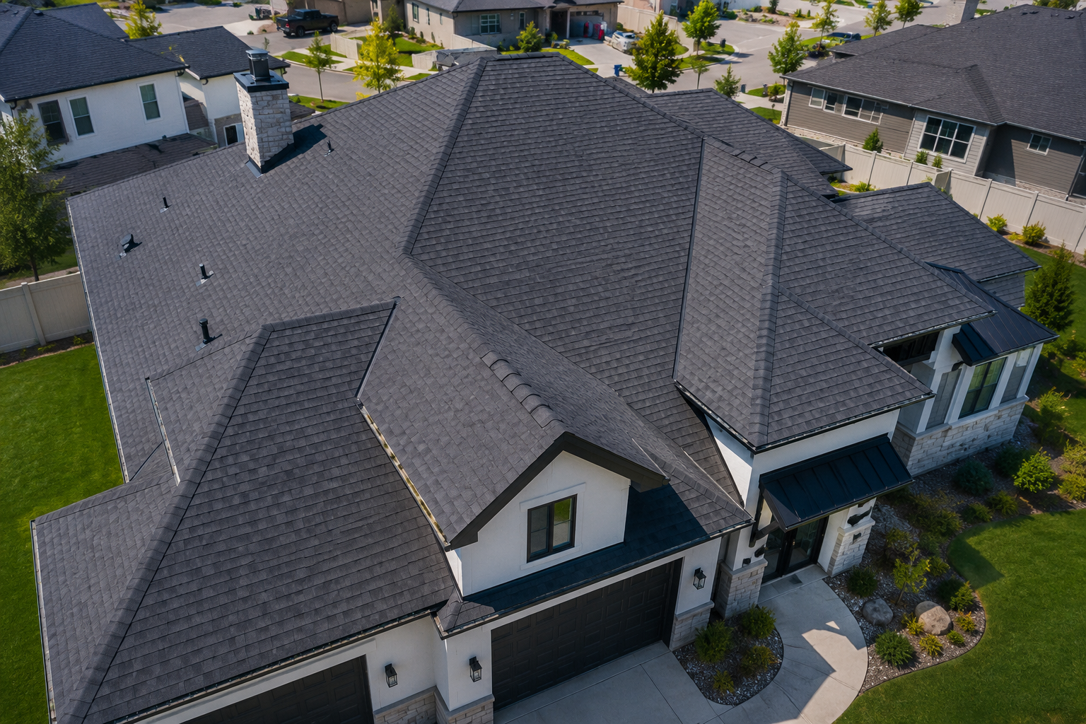 Aerial view of a modern house with multiple dark gray shingle roofs, a well-maintained front yard with small trees and shrubs, a concrete pathway leading to the front door, and a neighboring house with similar roofing in a suburban neighborhood.