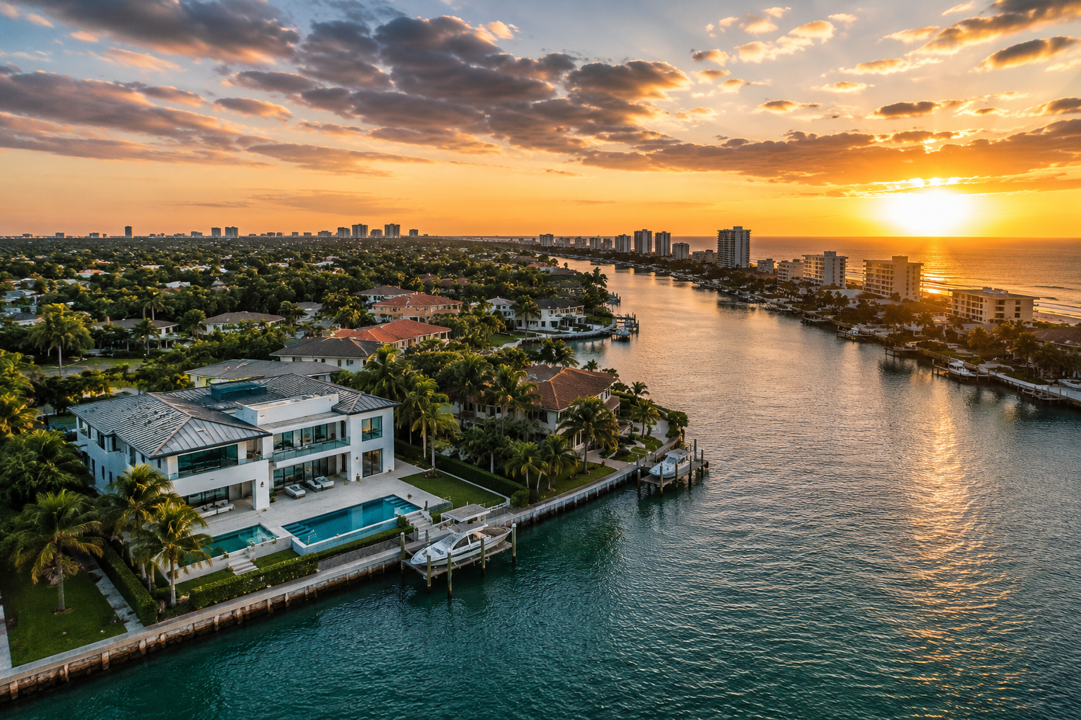 An aerial view of a coastal residential area at sunset, featuring modern houses with pools, palm trees, and a canal with boats, with high-rise buildings and the ocean in the background.