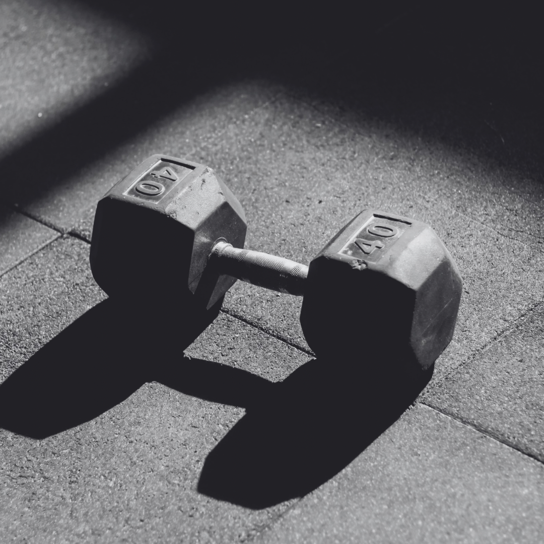A dumbbell lying on a gym floor with sunlight casting shadows, showing the weights labeled 40 and 10.