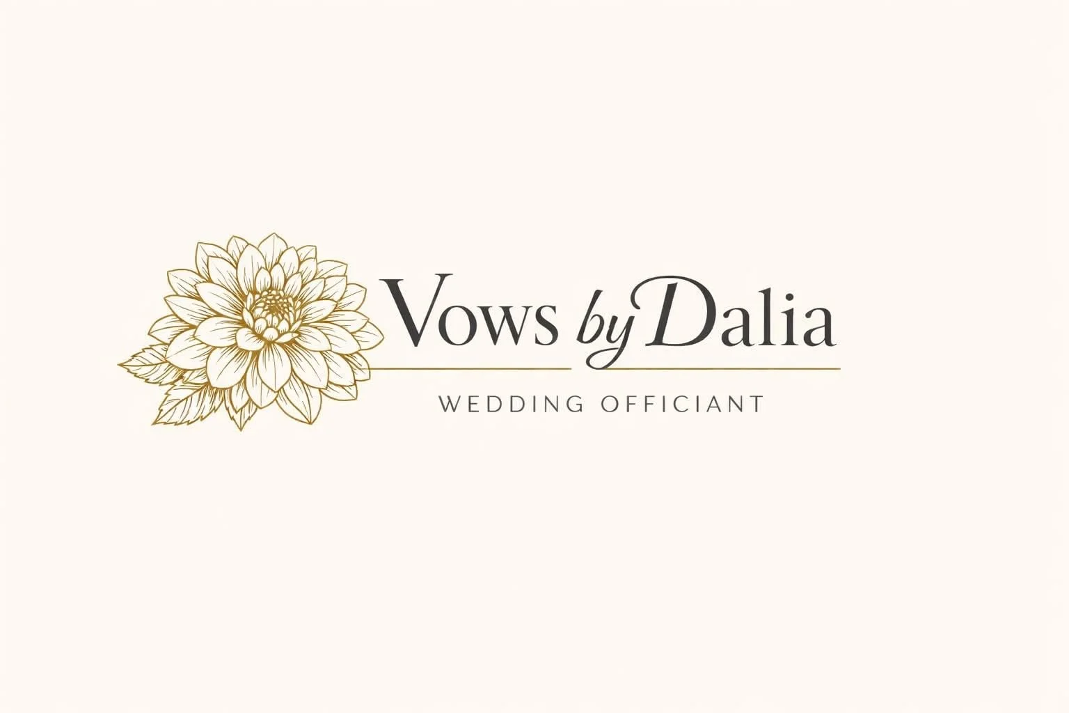 Logo for Vows by Dalia wedding officiant, featuring a detailed gold flower on the left and the text "Vows by Dalia" with "Wedding Officiant" underneath.
