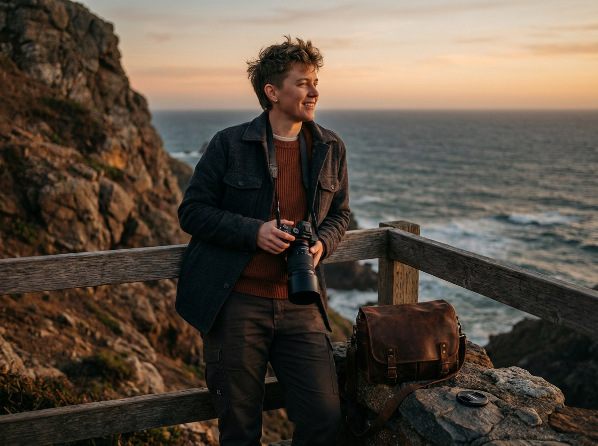 A woman stands by a wooden railing on a rocky coastline at sunset, holding a camera and smiling while looking out at the ocean.
