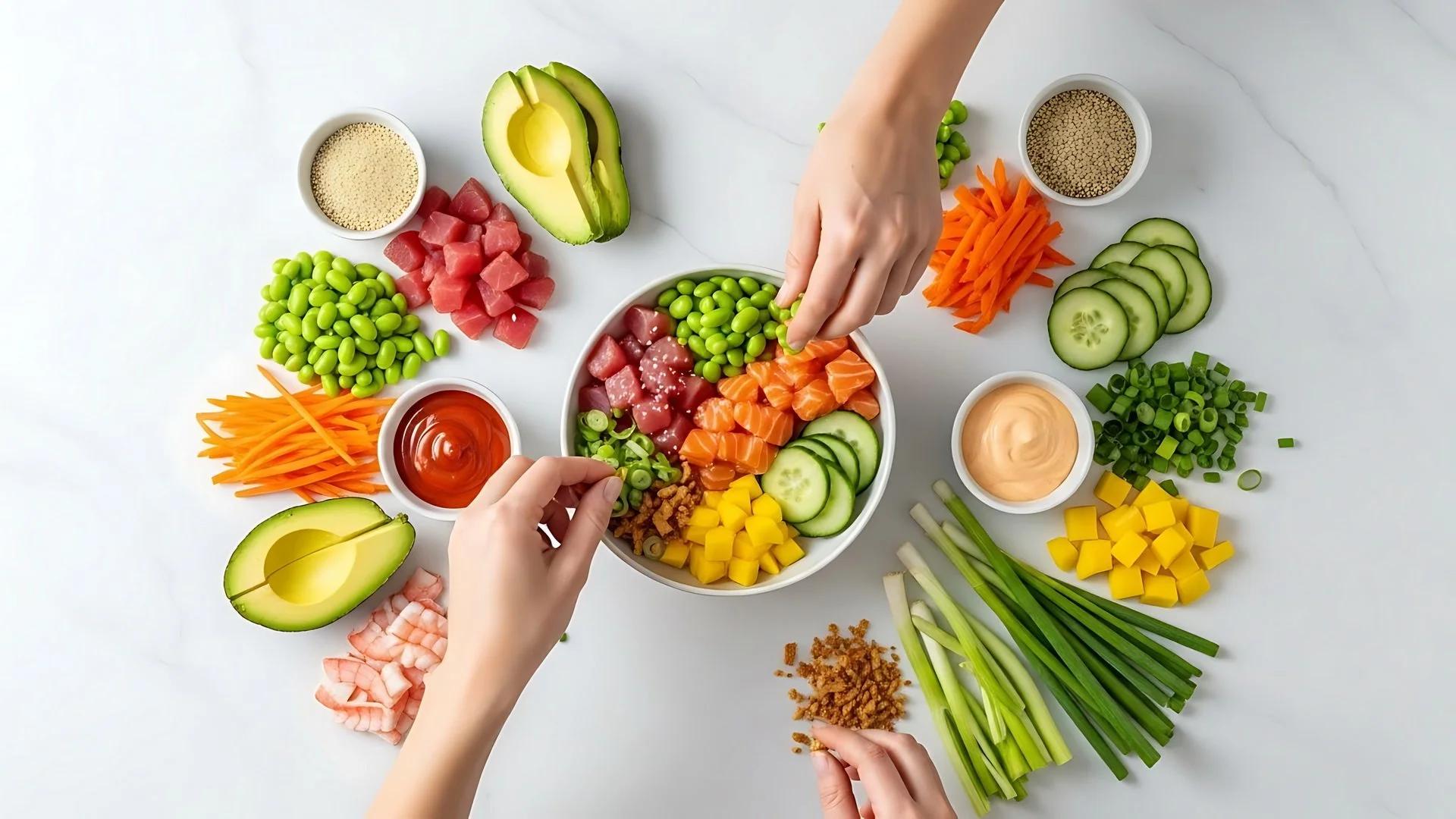 Person preparing a poke bowl with sliced cucumbers, avocado, diced watermelon, shredded carrots, chopped green onions, cubed mango, shredded purple cabbage, diced cooked shrimp, and chopped fried onions on a white marble surface.