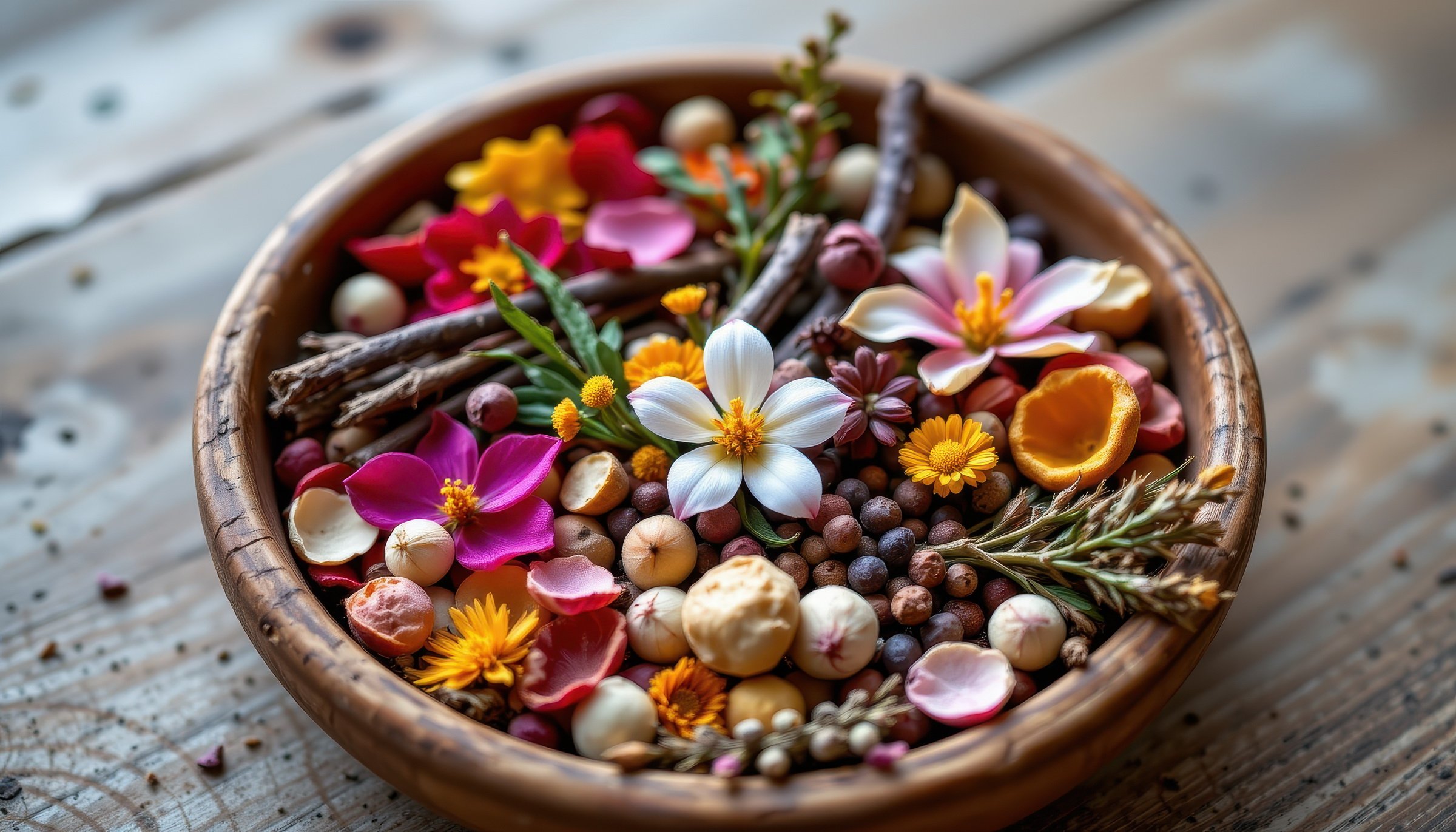 A wooden bowl filled with colorful flower petals, small berries, twigs, and decorative items, placed on a rustic wooden surface.