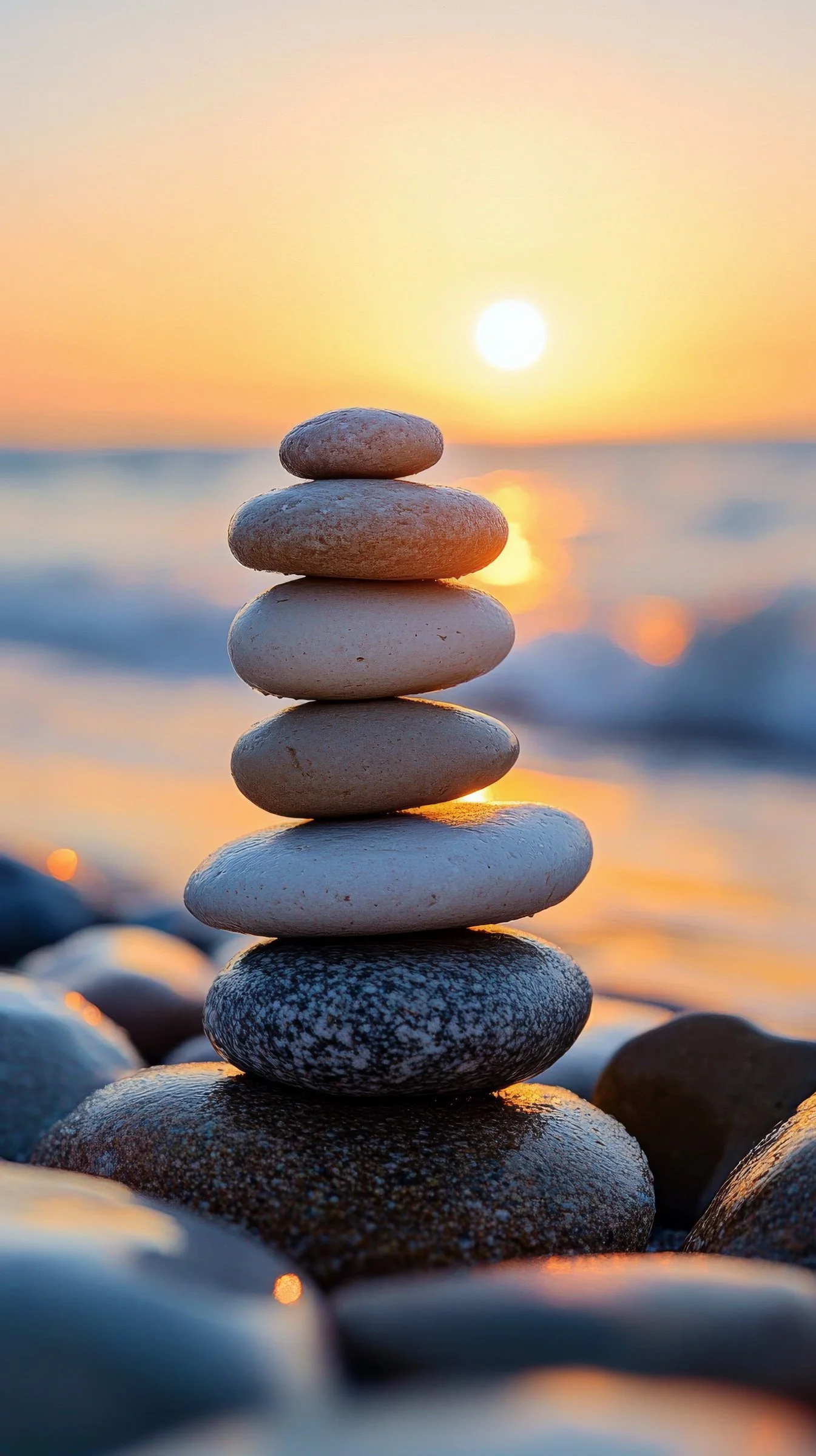 Stacked smooth stones on a beach at sunset with the sun on the horizon and gentle waves in the background.