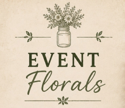A graphic design featuring a mason jar with flowers at the top and the text 'Event Florals' below, on a beige background.