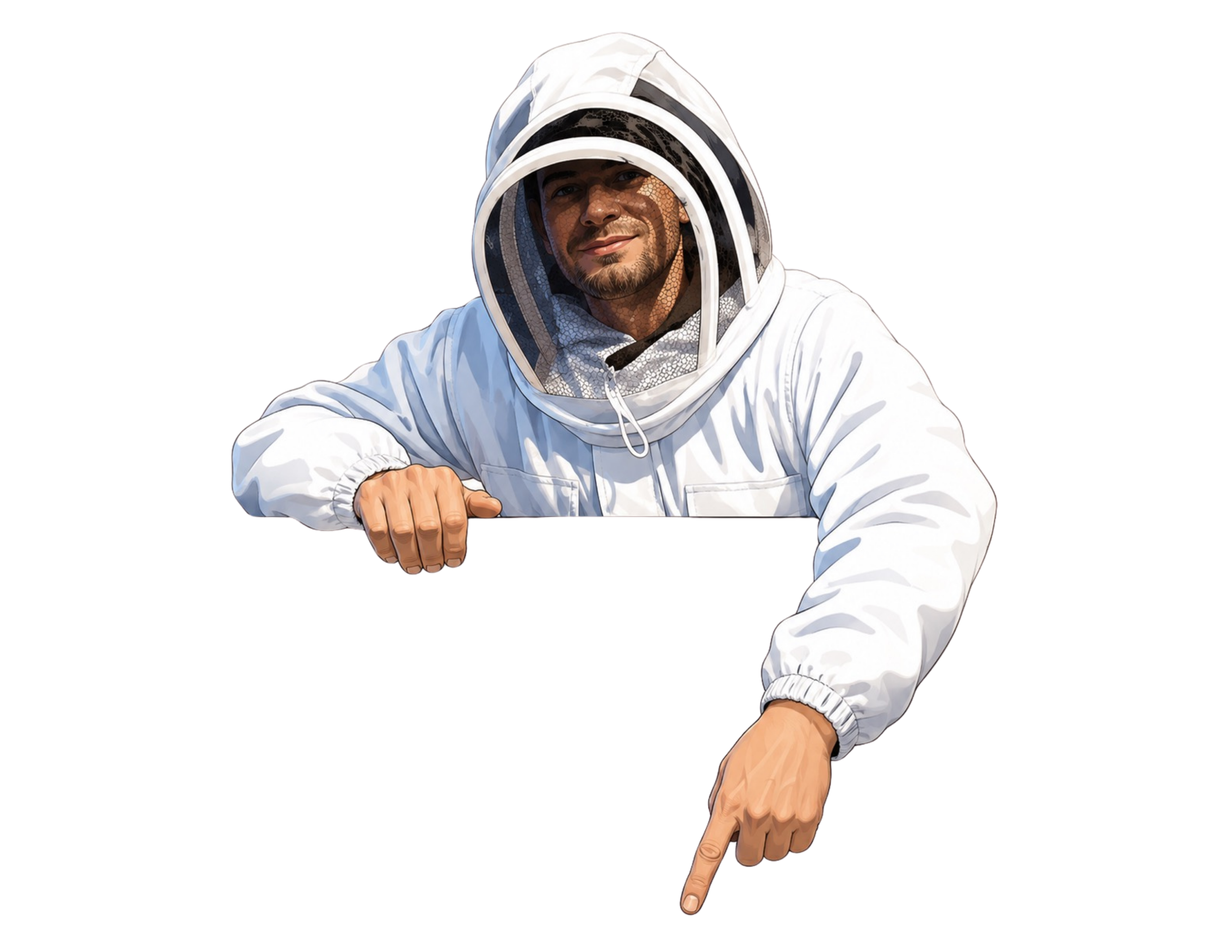 A person wearing a white protective suit with a hood and mesh face shield, pointing downward with their left hand and smiling.