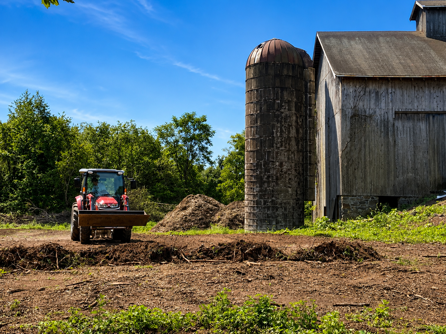 A red tractor with a front blade attachment moving soil near a rustic barn with a wooden exterior and silo against a clear blue sky, surrounded by green trees.