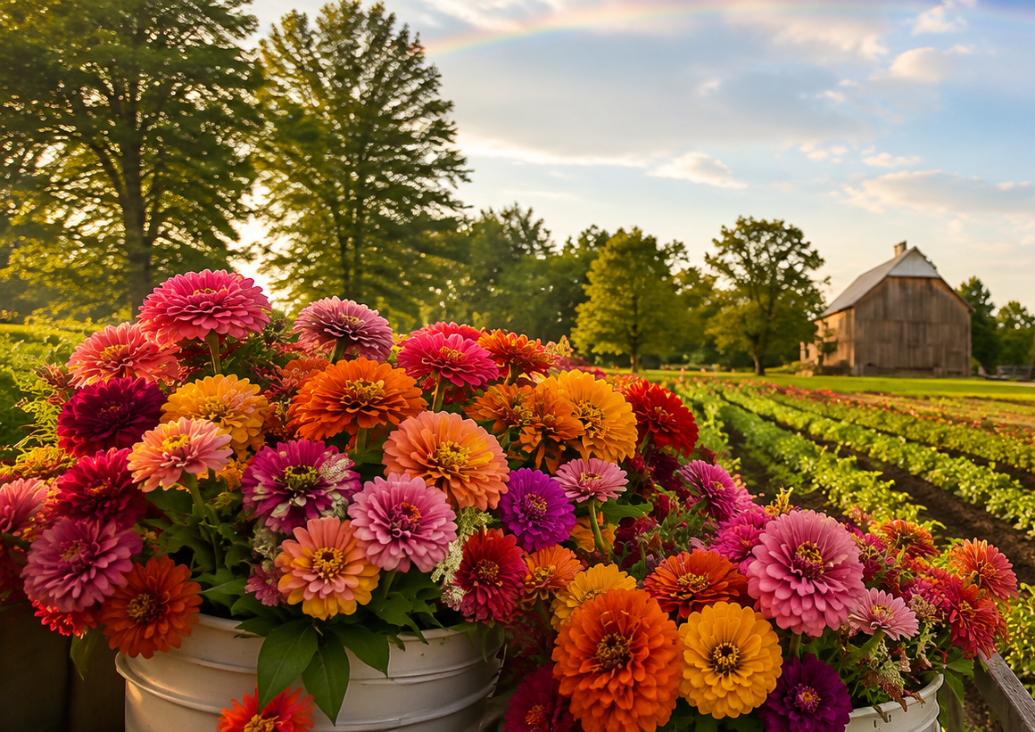 Colorful flowers in a white bucket with a farm and trees in the background during sunset.