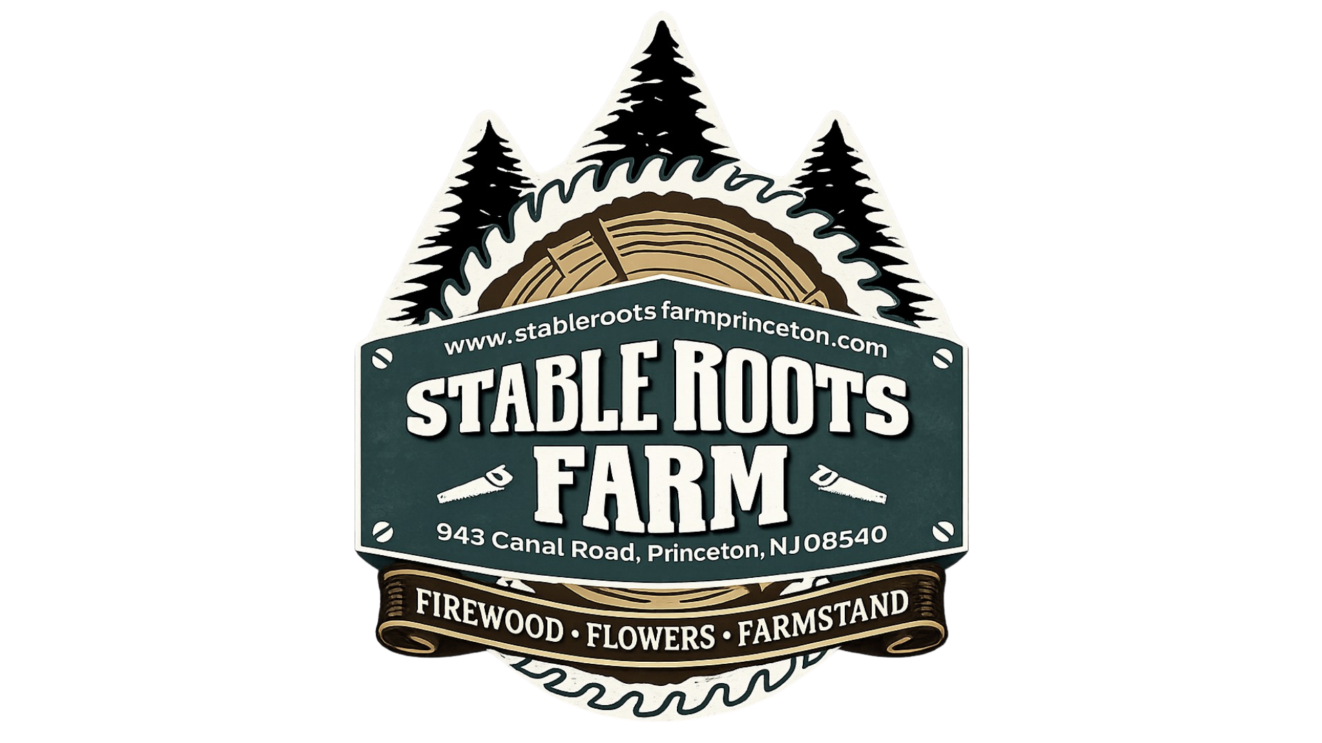 Logo for Stable Roots Farm featuring a mountain range, a forest of pine trees, a tree ring cross-section, and farm information including address and website.