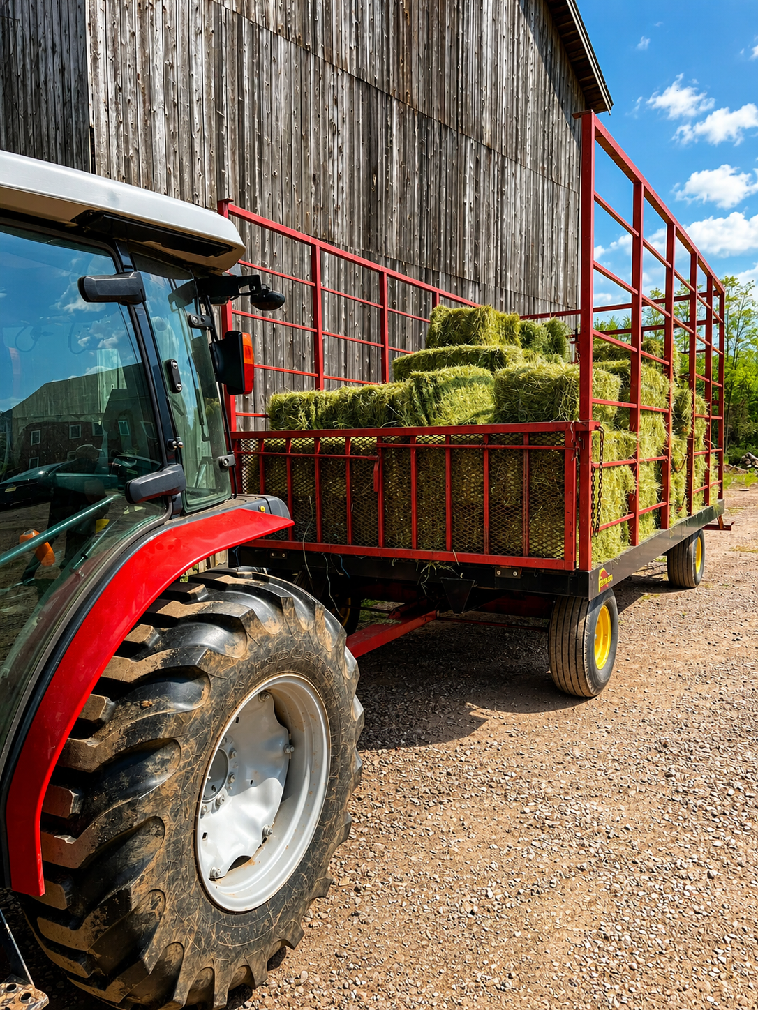 Red tractor carrying green hay bales parked outside a wooden barn on a sunny day.