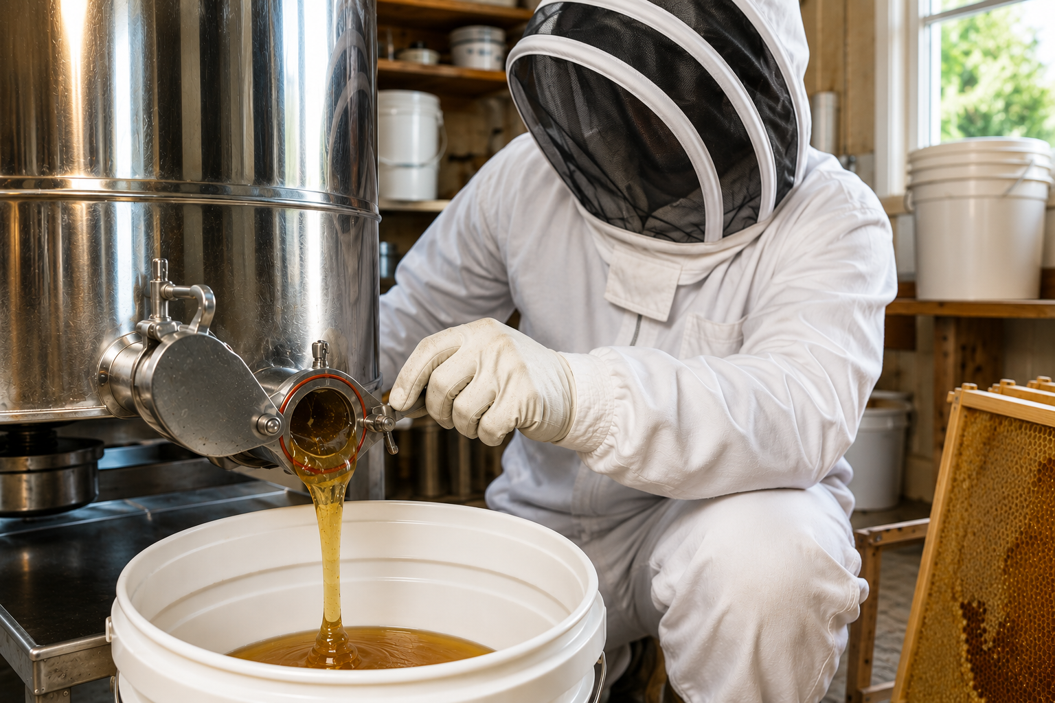 A beekeeper in protective suit and veil harvests honey from a honey extractor into a white bucket, with honey flowing from the extractor's spout.