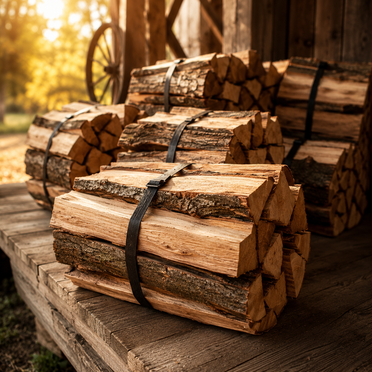 Stacks of firewood logs tied with black straps, placed on a rustic wooden surface in a shed or barn with sunlight in the background.